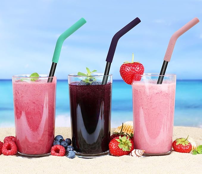 Senneny Set of 5 Stainless Steel Straws with Silicone Flex Tips Elbows Cover, 2 Cleaning Brushes and 1 Portable Bag Included (Black)- 8mm diameter