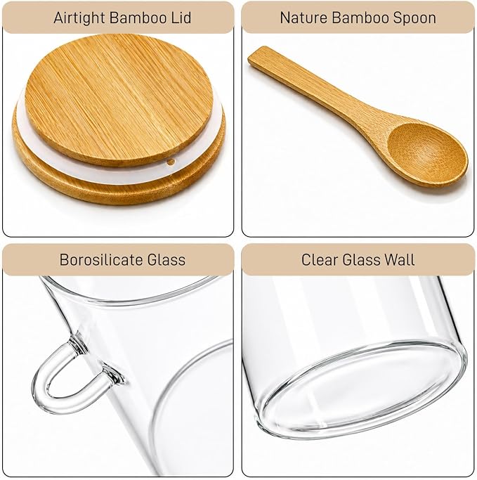 ZOOFOX 6 Pack Airtight Glass Jars with Bamboo Lids and Spoons, 17 oz Glass Sugar Container with Airtight Lid, Clear Storage Canister for Overnight Oats, Cookie, Coffee, Spice, Tea, Cereals, Condiment