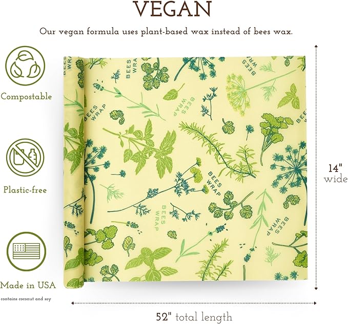 Bee's Wrap Vegan Beeswax Wraps for Food - Cut to Size 14x52" Beeswax Wrap Roll - Plastic Free Made in USA Reusable Natural Food Wrap - Herb Garden
