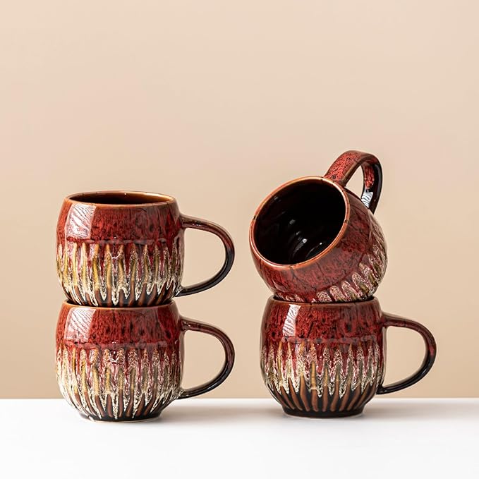 13oz Large Coffee Mug - Unique Handcrafted Look Ceramic Cup, Large Tea Mug, Microwave & Dishwasher Safe (red,Set of 4)