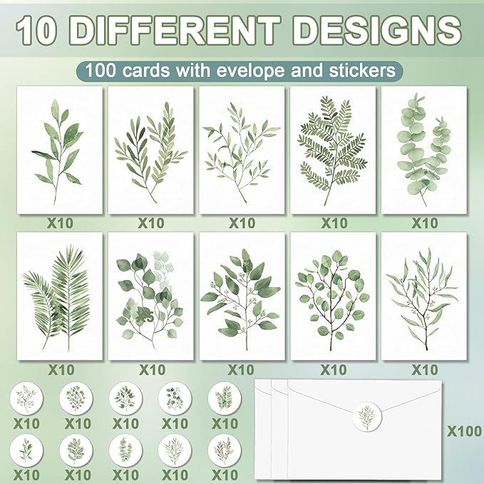 100PCS Greenery Blank Cards and Envelopes Bulk 4x6 Inch Watercolor Botanical Greeting Cards With Envelopes Stickers Green Leaves Plants Thank You Note Card For Birthday Baby Bridal Shower Wedding