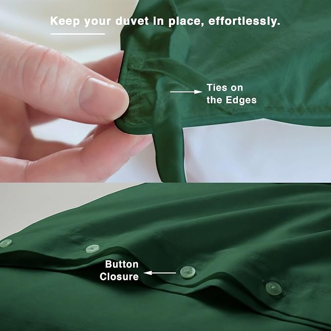 Fabdreams GOTS Certified 100% Organic Cotton Duvet Cover Queen Size - 400 TC Sateen - Soft - Silky - Button Closure - Edge Ties - 1 Duvet Cover (90"x92")+2 Pillow Shams (20"x26") - Forest Green