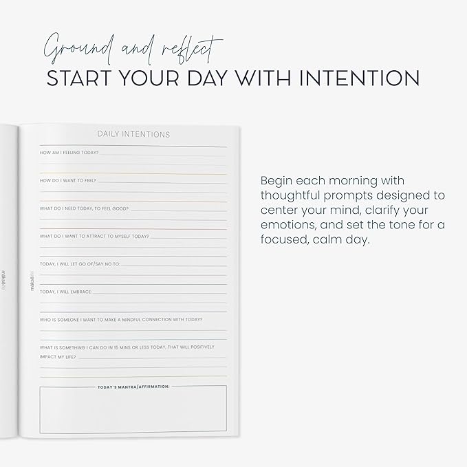 MäksēLife Morning Intentions & Gratitude Journal - A5 Lay-Flat Binding, Vegan Leatherette Cover, 120GSM Recycled Paper, Daily Prompts for Mindfulness and Positive Affirmations