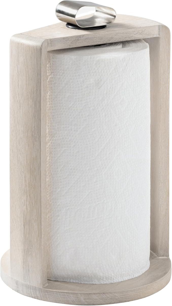 Anji Mountain Wooden Paper Towel Holder with Iron Holder, Holder Stand for Kitchen Roll Organizer & Kitchen Dining Table Home Décor, Countertop Fits Jumbo & Mega Rolls - Whitewash/Nickel, Top Load