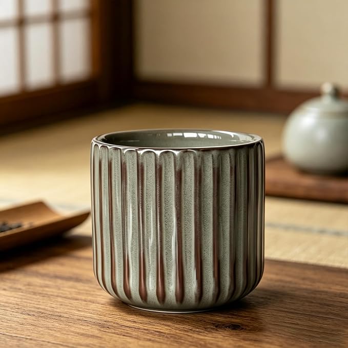 Japanese Ceramic Mug, Vintage Tea Cup 6oz Striped Cup No Handle Drinking Cup for Latte Milk Water Beverage Juice Microwave and Dishwasher Safe, Kiln Transformation Cup (Vintage Deep Green)