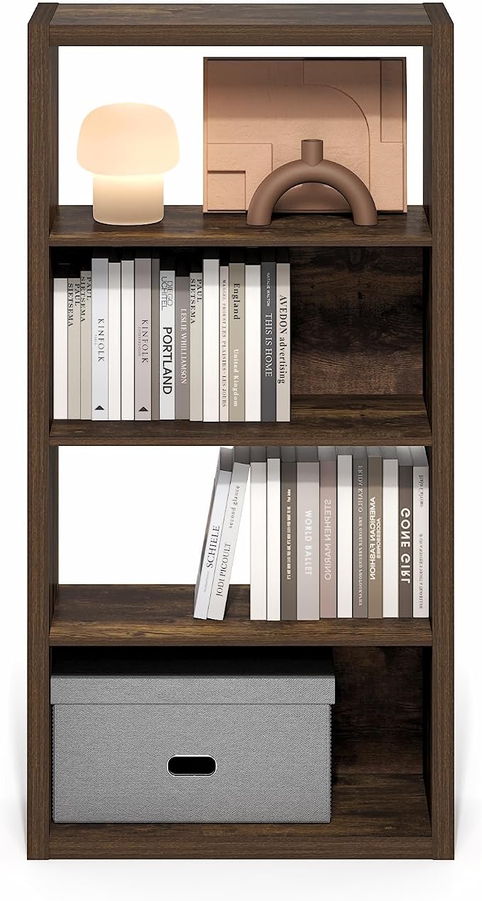 Furinno Viola Book Shelf, 4-Tier Bookshelf, Extra Thick Frame Bookcase with Open Shelf, Open Back Design, 11.3" x 23.2" x 45.4", for Living Room, Bedroom, Home Office, Amber Pine