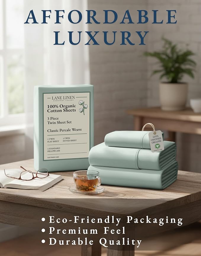 LANE LINEN Twin Sheets 100% Organic Cotton Soft 3pc Percale - Cool Blue | Pure Long-Staple Organic Cotton Twin Sheet Set - Easy-Care Machine Washable, Breathable For Year-Round Sleep