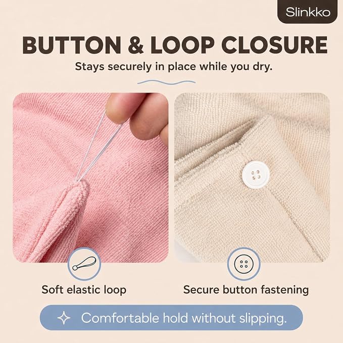 Microfiber Hair Towel Wrap for Women – Ultra Absorbent Quick Dry Turban | Button & Loop Design | Soft Lightweight Fabric | Reduces Frizz & Breakage | All Hair Types | Pink & Beige