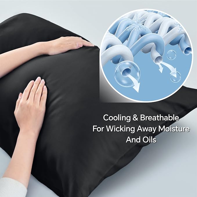 BEDELITE Pillow Cases Standard Size Set of 2, Rayon Derived from Bamboo, Cooling Pillow Cases for Hot Sleepers & Night Sweats, Breathable and Silky Soft Envelope Pillowcases(Black, 20"x26")