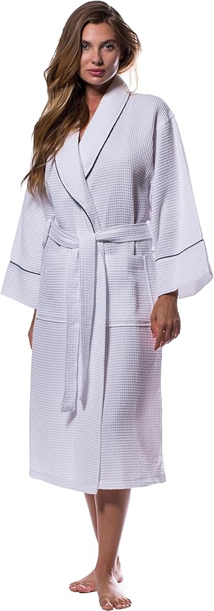 Turquaz Lightweight Waffle Knit Kimono Bathrobe - Soft Cotton Blend Spa Robe, Fast-Drying Full-Length Unisex Robes for Women