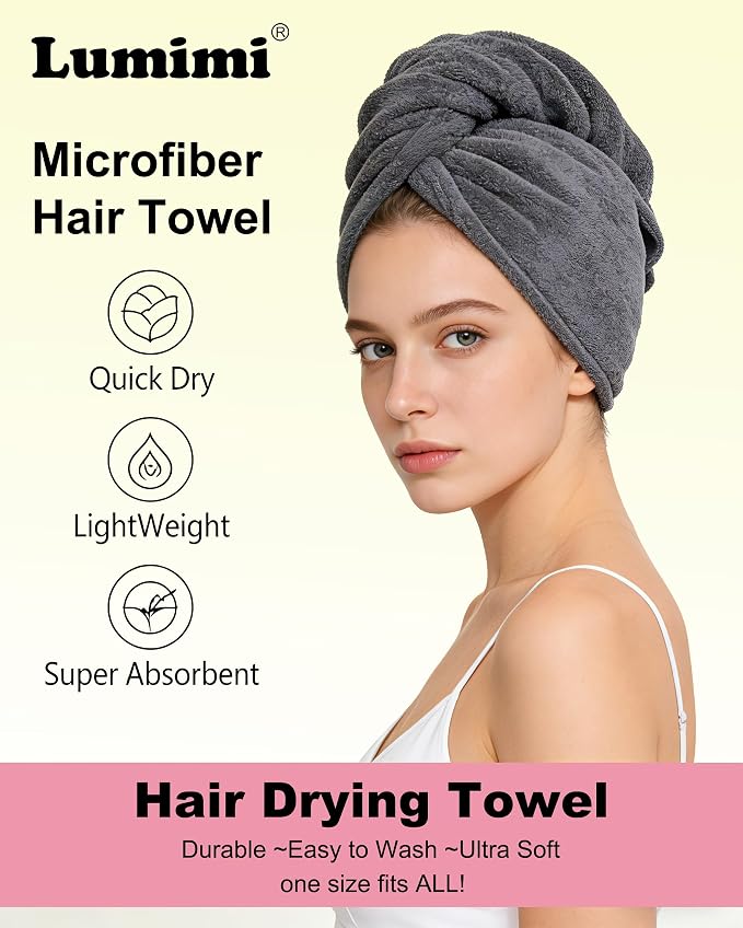 Microfiber Hair Towel Wrap for Women 6 Pack - Ultra Absorbent Fast Drying Turban with Button Closure, Anti-Frizz Design for Curly/Straight Hair, Lightweight & Machine Washable 25x65cm (6 Colors)