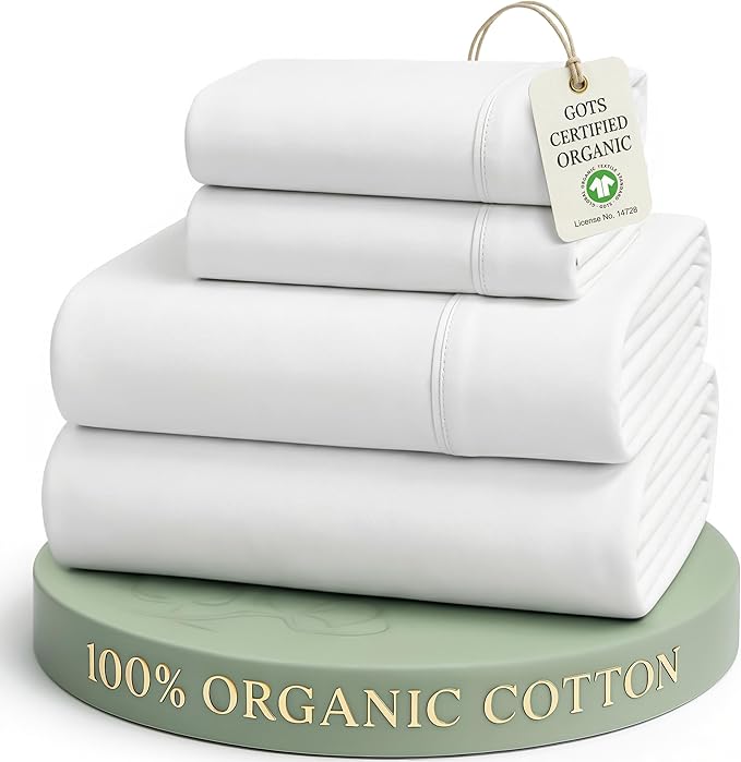 LANE LINEN Eco Friendly 100% Organic Cotton Queen Sheet Set, Soft & Comfy Fully Elasticized 15" Deep Pocket Bed Sheets, Low Pill Naturally Cooling Machine Wash Sábanas Queen- White Bed Sheets