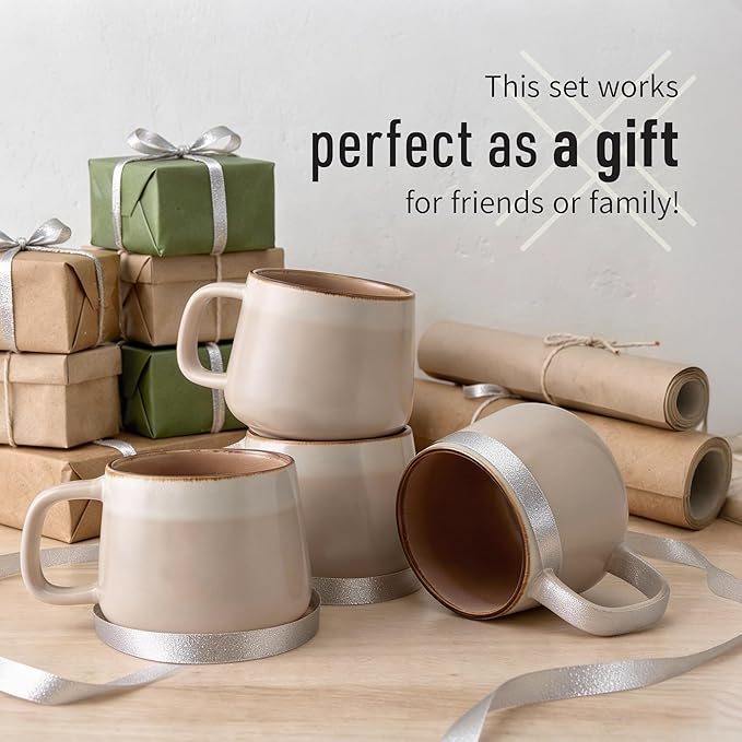 Ava Nord Ceramic Coffee Mugs Set of 4 | 12 oz Stoneware Coffee Cups | Lead-Free, Non-Toxic | Microwave and Dishwasher Safe | Comfortable Handle | Modern Nordic Design for Tea and Latte | Rose Sand