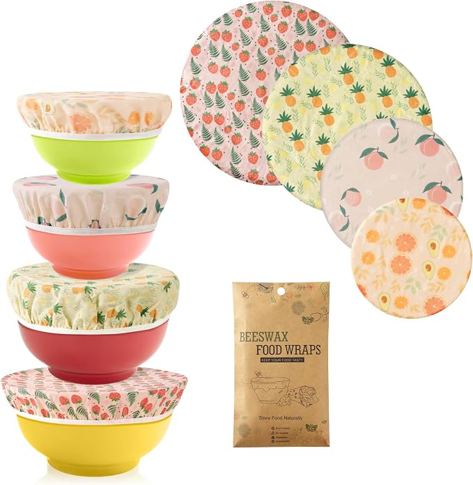 4-Pack Reusable Beeswax Bowl Covers with Fruit Pattern, 6/8/10/12 Inch Elastic Cotton Food Storage Covers for Bread Proofing, Sourdough Dough, Kitchen Containers & Food Storage