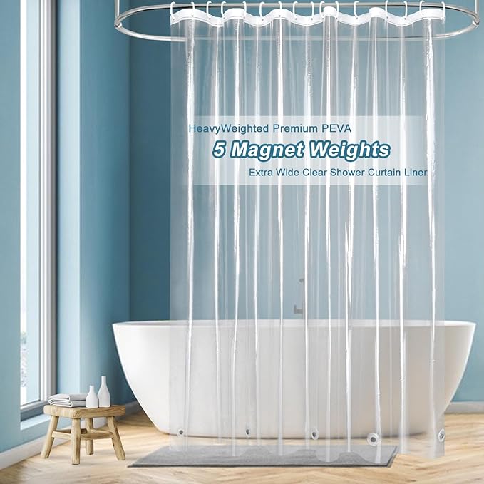 EurCross 96 inch Extra Wide Clear Shower Curtain Liner,Waterproof Heavy Duty PEVA Transparent Shower Liner 96x72 inch with 5 Magnets and 16 Plastic Hooks