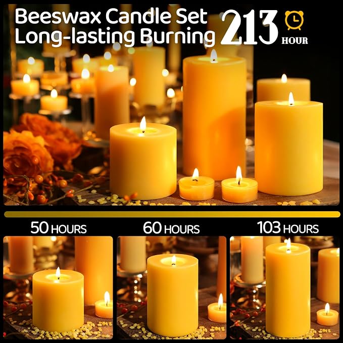 Pure Beeswax Candles,3 Pack Unscented Pillar Candles,213 Hours Long Burning Clean Burning, Smokeless Dripless Bees Wax Candle for Home,Prayer,Emergency,Dinner Table (3x3,3x4,3x6in)