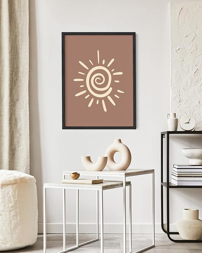 Abstract Spiral Sun Wall Art Swirl Sunburst Print Earth Tones Terracotta Tan Mid Century Modern 16x20 Inch Oak Wood Black Framed Tribal Boho Decor for Living Room