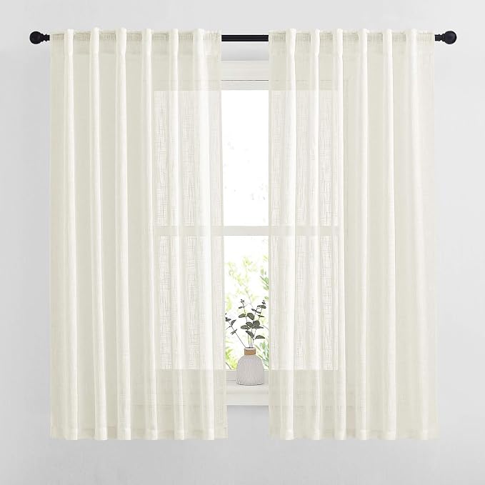 NICETOWN Semi Sheer Curtains 63 inches Long for Bedroom, Rod Pocket & Back Tab Faux Linen Window Treatments Privacy with Light Filter Farmhouse Sheer Drapes for Living Room, Natural, 52" Width, 2 PCs