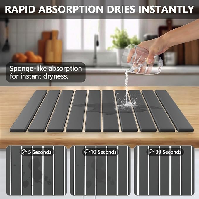 Large Stone Dish Drying Mat for Kitchen, Collapsible Diatomaceous Earth Drying Pad, Ultra Absorbent Instant Dry Kitchen Countertop Mat for Dishes, Bottles & Cups, Space-Saving, Fits Any Décor, 24"×16"