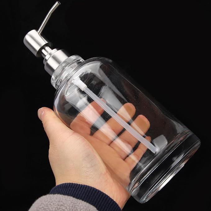 Luxshiny Glass Soap Dispenser 18Oz (500Ml) with 304 Stainless Steel Pump and Label Sticker, Manual Hand Soap Dispenser Set for Kitchen and Bathroom Countertop Use