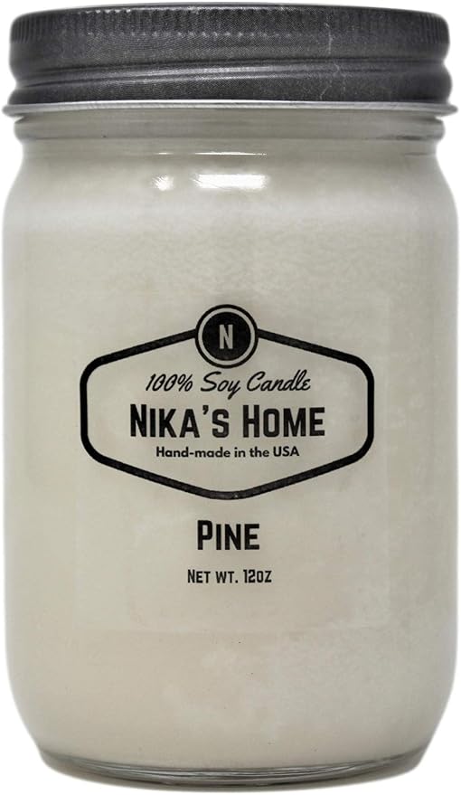 Nika's Home Pine Soy Candle - 12oz Mason Jar - Non-Toxic - Hand Poured in The USA, Long Burning 50-60 Hours Highly Scented All Natural, Clean Burning