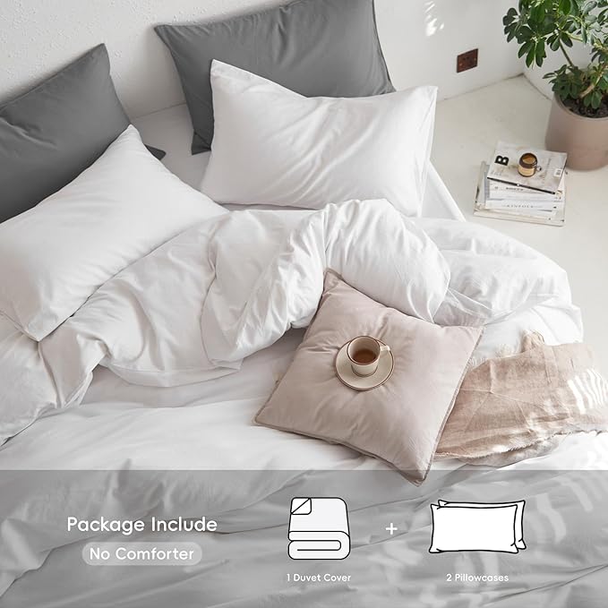 MooMee King Duvet Cover Set, 100% Washed Cotton Linen Like Twill Thick Sturdy Material Super Soft Breathable Durable Bedding for All Season, 3 Pieces (Bright White, King 104"x90")