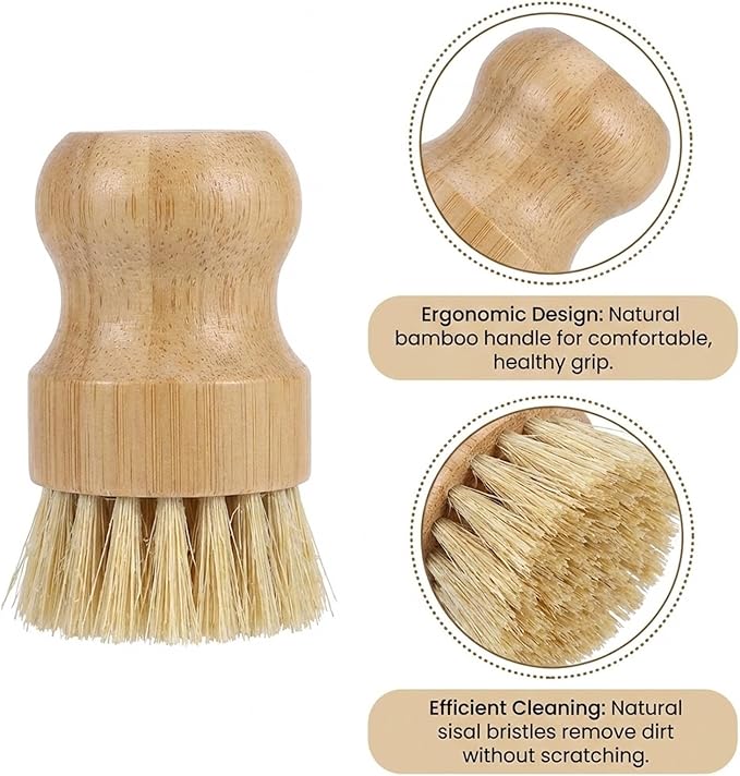 2 Pack Bamboo Dish Scrub Brush with Bamboo Pan Scraper Pot Scraper Non-Scratch Dish Scrapers Kitchen Cleaning Tools for Cast Iron Skillets, Cookware, Dishes, Pans Bowls, Plates and Pots