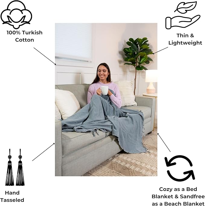 InfuseZen Stonewashed Turkish Throw Blanket - 100% Organic Turkish Cotton - 80" x 48" - Soft, Lightweight, Cozy - for Love Seat, Sofa, Picnic, Yoga - Sand Free Absorbent Beach Blanket - Denim