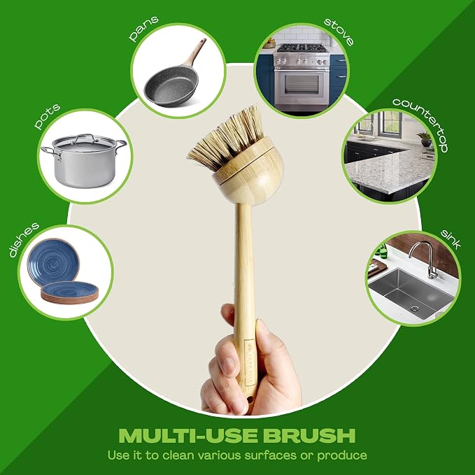 JuneLily Long Coconut Dish Brush Plant-Based Vegan for Kitchen Bathroom Cleaning Produce Washing Dishes (Long Dish Brush)