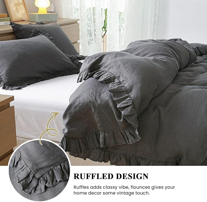 Simple&Opulence 100% Linen Duvet Cover Set, 3 PCS Natural French Flax Dark Grey Ruffle Duvet Cover King Size, Breathable Comfy Linen Bedding Comforter Cover with 2 Pillowcases (Dark Grey, 104" X 92")