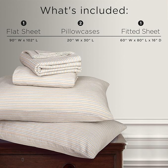 Briarwood Home® Printed Flannel Sheet Set, 100% Natural Cotton, Soft, Warm & Deep Pocket, Advanced Nano-Tech Making it Resistance to Pilling; Brushed 6 Times for Softness (Oak Stripes, Queen)