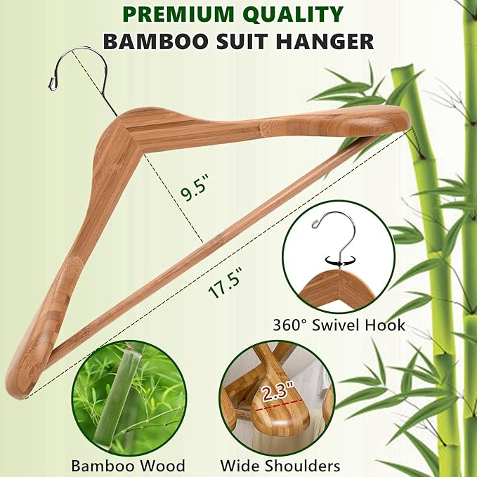 Amber Home 6 Pack Wide Shoulder Bamboo Wood Suit Coat Hangers, Wooden Clothes Hangers with Pants Bar, Heavy Duty Jacket Hangers for Dress, Pants, Heavy Clothes