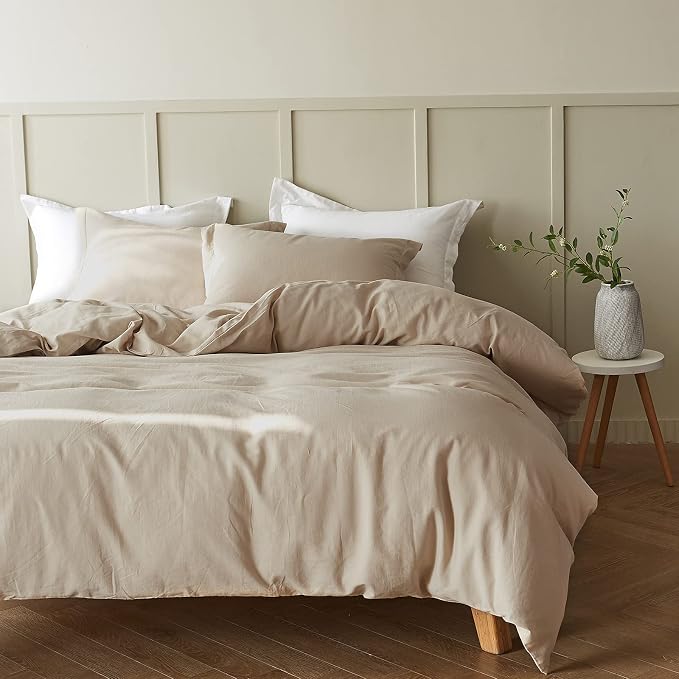 Simple&Opulence French Linen Duvet Cover Set 104"x 92"- 5 Pieces (1 Comforter Cover,4 Pillowcases)-Natural Flax Cotton Blend-Solid Color Breathable Farmhouse Bedding-Linen/Beige, King