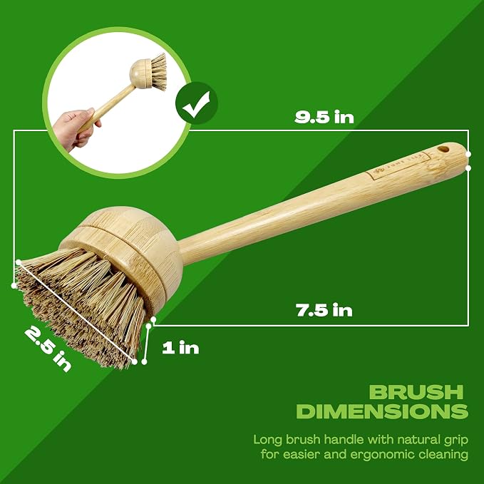 JuneLily Long Coconut Dish Brush Plant-Based Vegan for Kitchen Bathroom Cleaning Produce Washing Dishes (Long Dish Brush & Coconut Brush Head)
