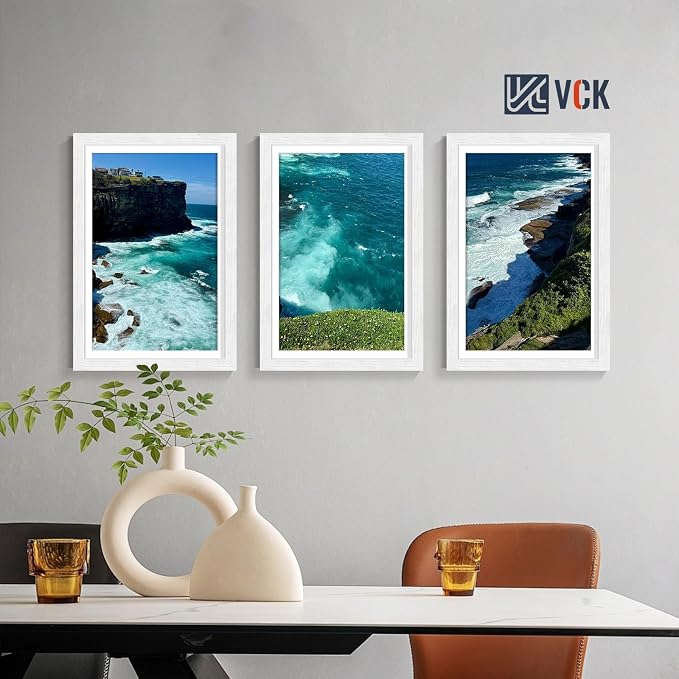 VCK 12x18 Picture Frames White 3 Pack, Wide Border Wood, Tempered Glass, Display 11x17 Photo with Mat or 12 x 18 without, for Home, Office, Gallery, Woodgrain Series, Wall Hanging