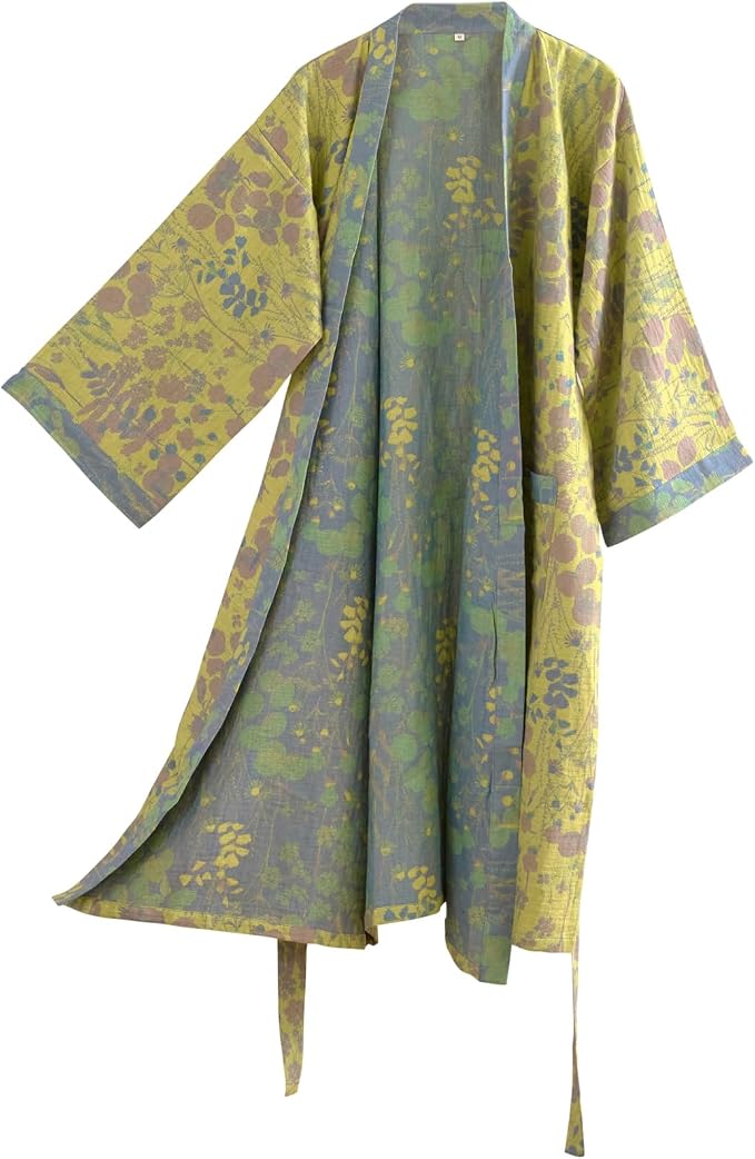 100% Cotton Gauze Ginkgo Leaf Kimono Robe, Long Knit Loose Bathrobe Nightgown Ladies Loungewear Sleepwear for Women