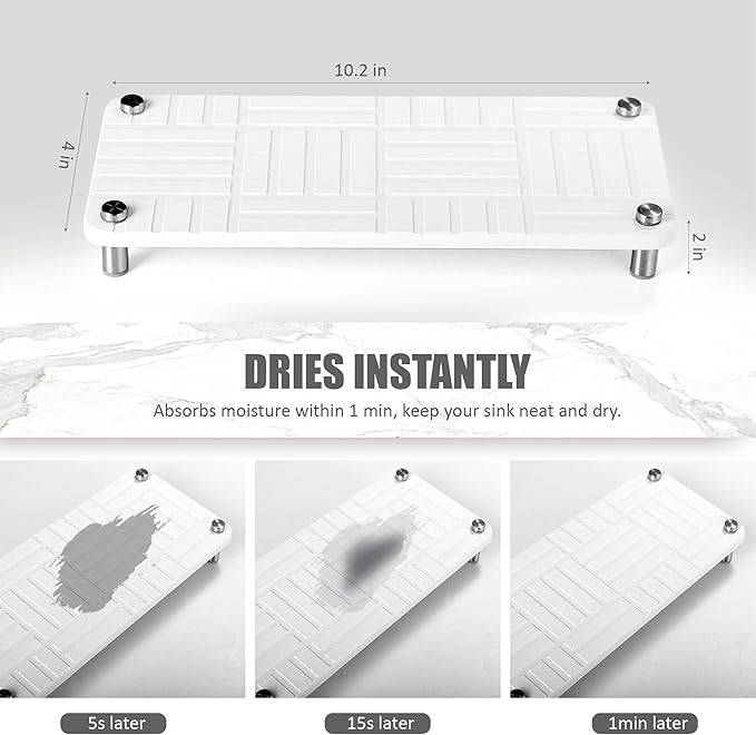 Fast Drying Stone Sink Caddy, Instant Dry Organizer Rack, Diatomaceous Earth Soap Stand Tray for Kitchen Sink, Water Absorbing Stone, Sponge Holder Dispenser for Bathroom Counter, White