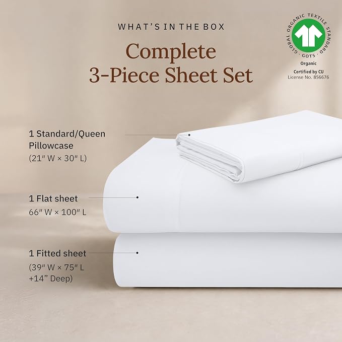California Design Den White Twin Sheets Set - 100% Organic Cotton, Soft and Lightweight Sateen, Deep Pocket Twin Size Bed Sheets, Durable Bedding - White