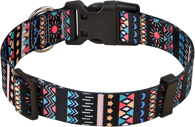 Mihqy Dog Collar with Bohemia Floral Tribal Geometric Patterns - Soft Ethnic Style Collar Adjustable for Small Medium Large Dogs(Black Bohemia,L)