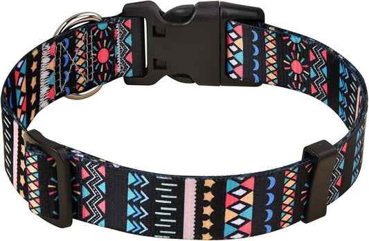 MarukoPet Dog Collar, Adjustable for Small Medium Large Dogs Puppy, Cute Design with Bohemia Floral Tribal Geometric Patterns Boys Girls Dog Collar(Black Bohemia-L)