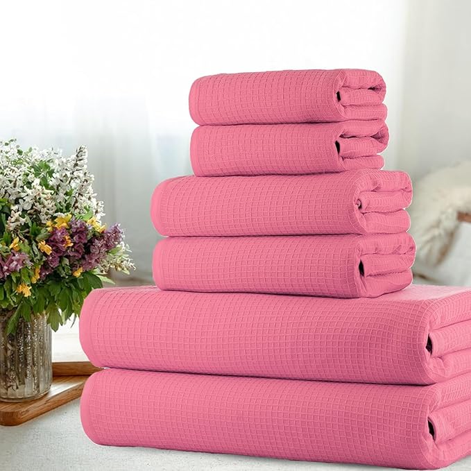 CASA COPENHAGEN Waffle 6Pcs 100% Egyptian Cotton Large Designer Towels Gift Set- Pink, 2Bath 2Hand 2Washcloths, Bath Towels for Bathroom (Box Pack, Set for Women & Men)