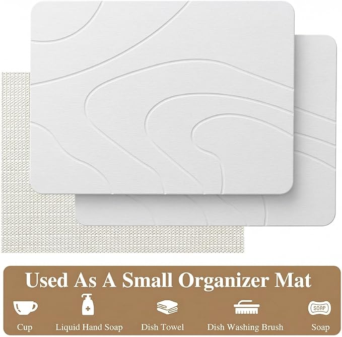 2 Pack Stone Drying Mat for Kitchen Counter,16''x12'' Quick Dish Drying Stone Mat Kitchen,Stone Dish Drying Mat,Quick-Dry Absorbent Bath & Countertop Stone Dishes Mats (White, 16''x12'')