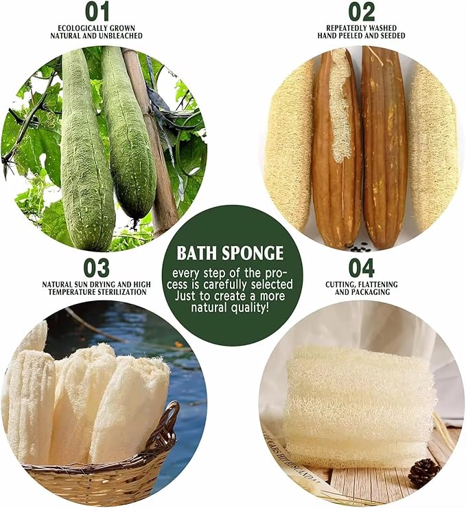 April's Angels 100% Natural Egyptian Loofah. Eco Friendly Exfoliating Scrubers for Body and Face. Natural Bathing Loofah for the Entire Family. Large Size (Set of 3 + 1 Exfoliating Face pad)