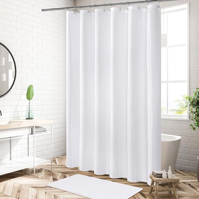 MitoVilla White Fabric Shower Curtain Liner 48x72, Narrow Stall Liner for Small Bathroom RV Camper Dorm, Water Repellent Hotel Quality Cloth with Metal Grommets, Machine Washable Compact Fit