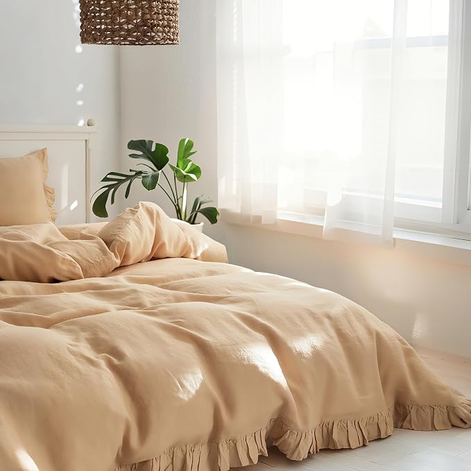 Simple&Opulence 100% Linen Duvet Cover Set, 3 PCS Natural French Flax Sand Ruffle Duvet Cover Queen Size, Breathable Comfy Linen Bedding Comforter Cover with 2 Pillowcases (Sand, 88" X 92")