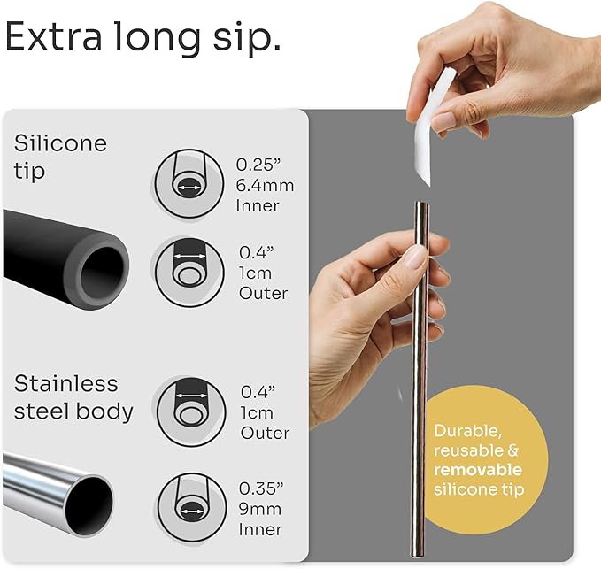 purifyou 14.5" Stainless Steel Straws with Silicone Tips, Extra Long & Wide Reusable Metal Straws for Tumblers, Smoothies, Milkshakes (Set of 10 with Brush)