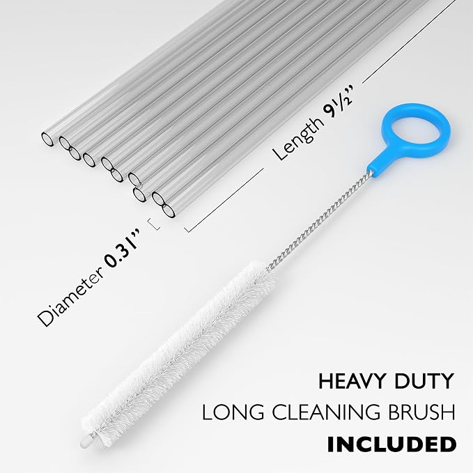 Fiesta First 10 Long Clear Straws - Hard Semi-transparent Plastic Reusable Drinking Straws + Sturdy Cleaning Brush - for Tumblers, Mason Jars, Milkshakes and Smoothies - Dishwasher Safe BPA Free