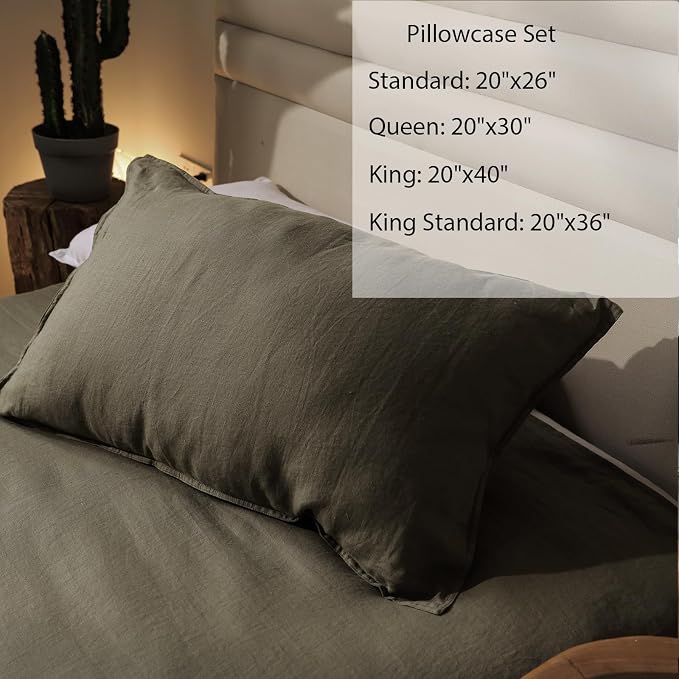 XZ XIFA King Standard Pillowcases - 2 Pack - Envelope Closure - 100% Natural Washed French Flax, Breathable, Durable, Textured Pillow Covers 20"x36"(King Standard, Olive Green)
