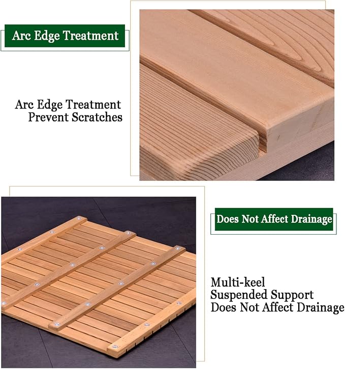 Natural Wooden Shower Mat,Bamboo Bath Mat Set,Non-Slip Wooden Bath Mats with Slatted Design for Indoor/Outdoor Bathtub, Shower, Sauna, Pool, Or Hot Tub,Customizable,75x100cm/30x39in