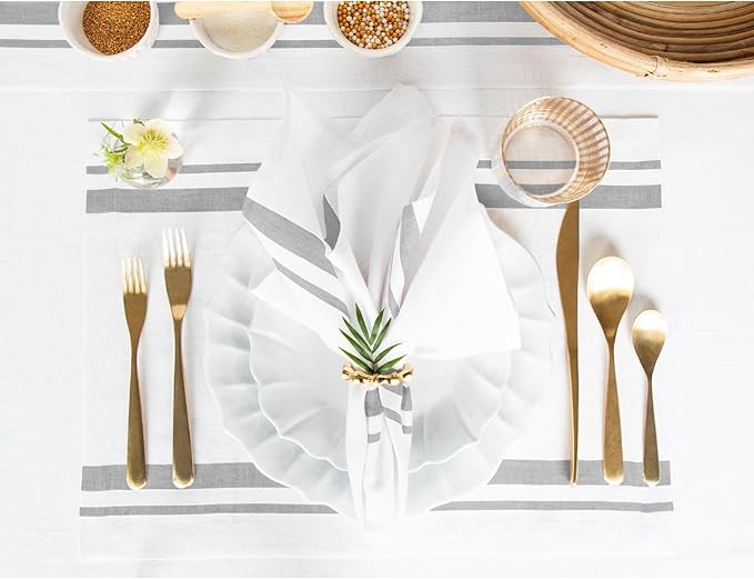 Solino Home Linen Dinner Napkins 20 x 20 Inch - 100% Pure Linen French Stripe Grey and White Napkins Set of 4 for Spring, Summer